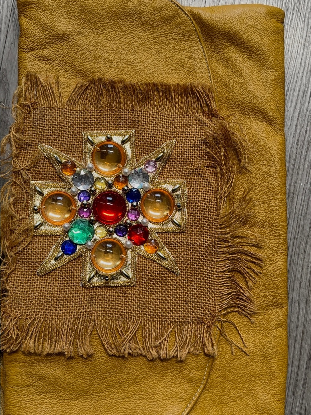 Embellished Mustard Yellow Leather Clutch with Jewel Star